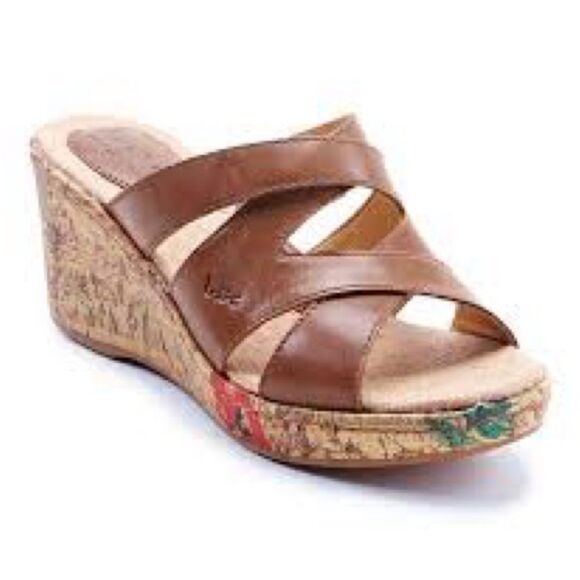B O C 7 Leather Floral Cork Wedge Sandal - Picture 1 of 14